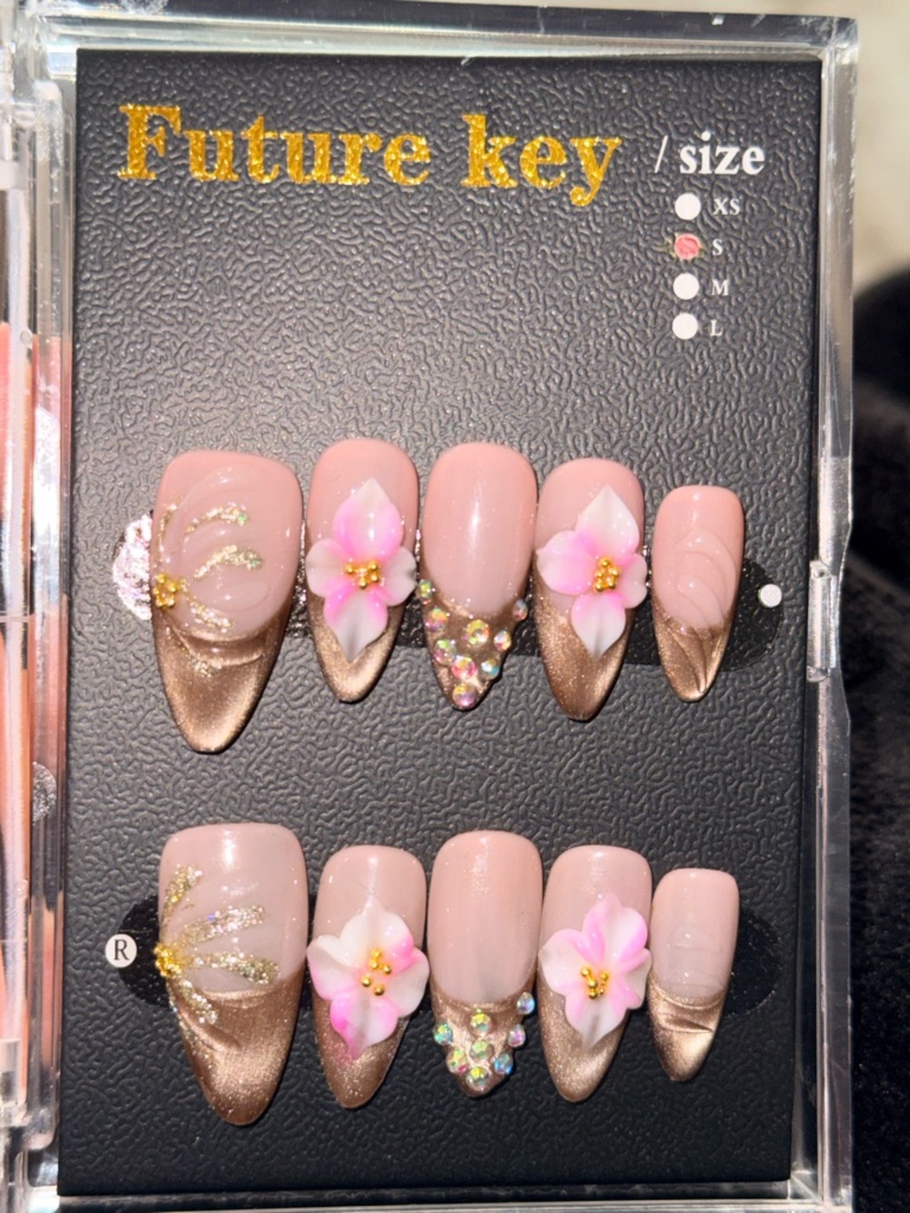 Pink Floral Acrylic Press-On Nails with Gold Tips